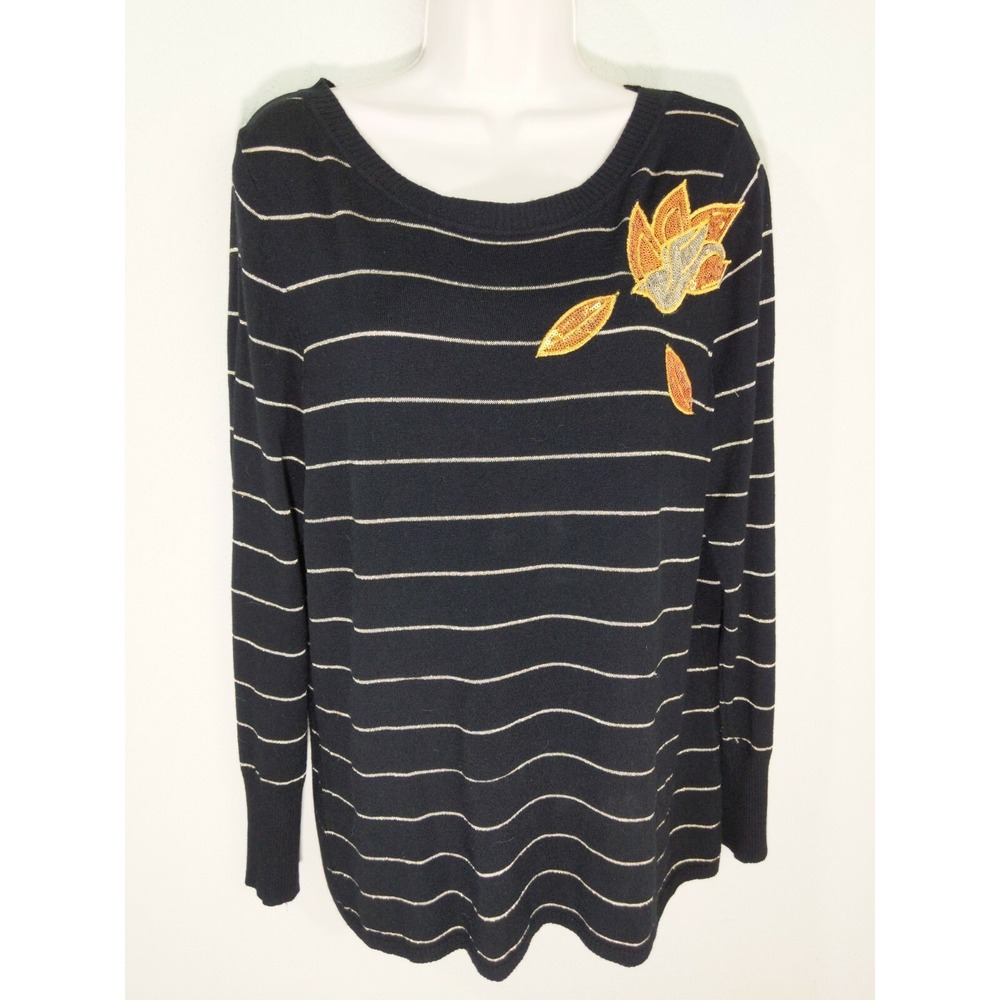 Monroe‎ & Main Black Gold Metallic Stripe Sweater Sequin Applique Long Sleeve L